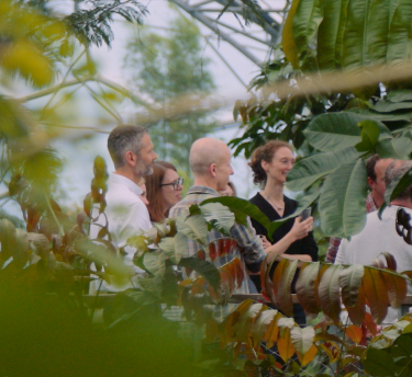 Leadership course participants in the Rainforest Biome surrounded by leaves